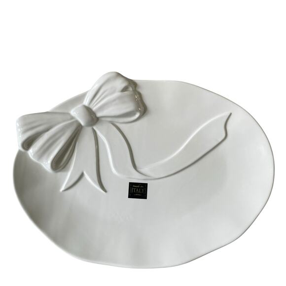 Handmade in Italy Embossed White Bow Ceramic Serving Platter 12x16 Oval NEW - Picture 16 of 16